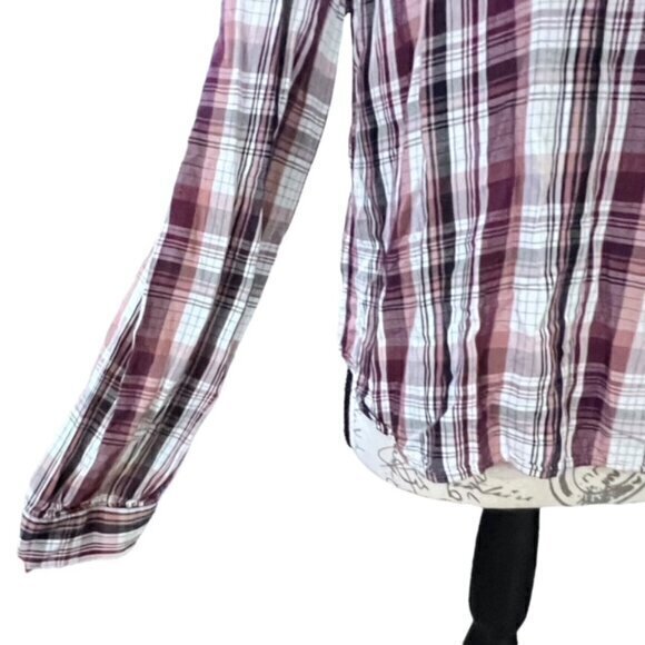 Ann Taylor LOFT Womens Button Up Shirt Blouse Medium Long Sleeve Plaid High Neck - Picture 5 of 14